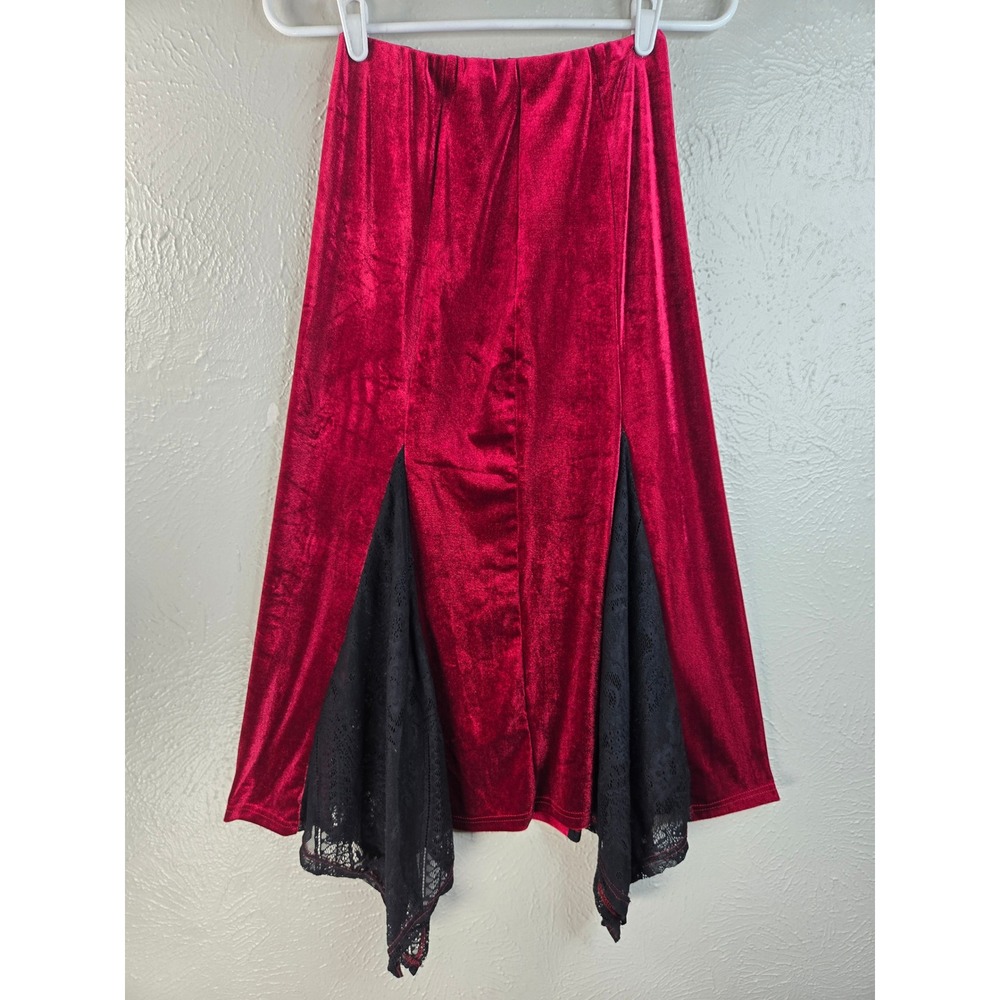 Velvet Lace Gothic Witchy Long Skirt M Red Black Handkerchief Hem Dark Romantic